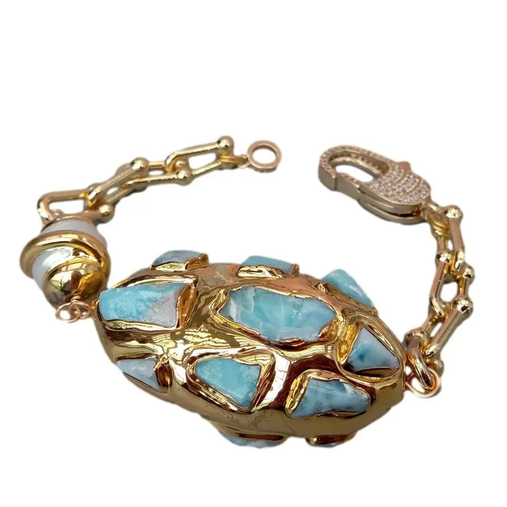 Gold Plated Chain Larimar Chips Bracelet — Blue | KIMLUD