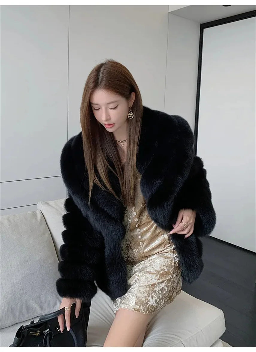 fox Fur Coat Red pink Women's Fox Fur Jacket with Big Shawl Collar Winter Outerwear Furry Elegant Fox Fur White Coat Mink Coat