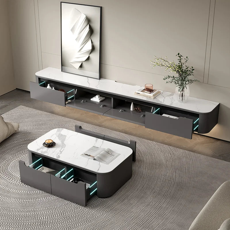 Marble-Wood TV Cabinet Console With Coffee Table — White Marble | KIMLUD