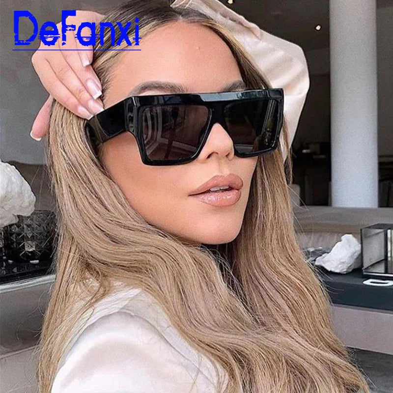 Luxury Brand Big Square Sunglasses Women Flat Top Plastic Frame Gradient Lens Oversized Sun Glasses Trendy Popular Black Shades - KIMLUD