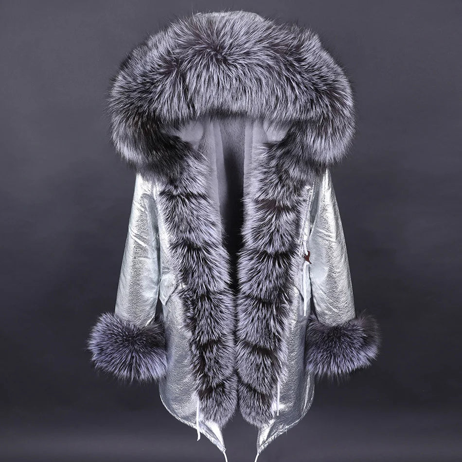 MAOMAOKONG 2024 Winter Women Coat Natural Fox Fur Collar Cuff Black Jackets Outwear Thick Luxury Real Fur Parka Women's Fur Coat