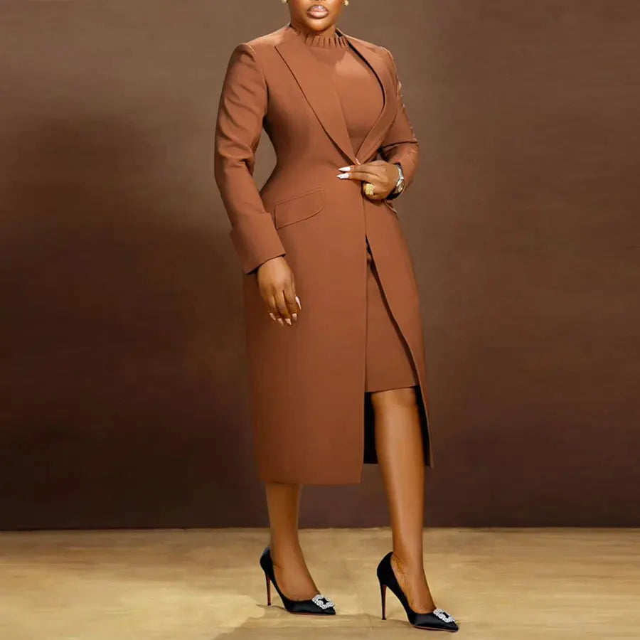 Knitted Spandex Two-Piece Office Suit Set Notched Collar With Breathable Knit Fabric — Black | KIMLUD