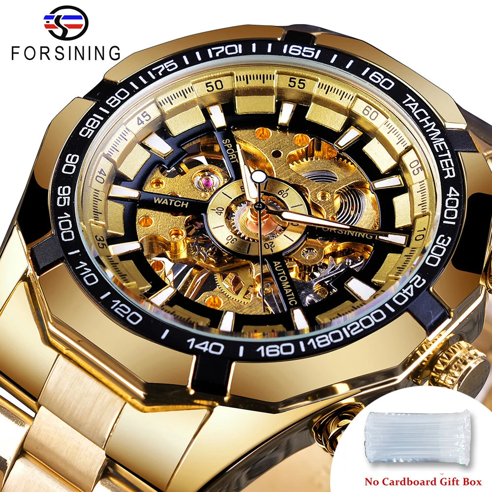 Forsining 2025 Stainless Steel Waterproof Mens Skeleton Watches Top Brand Luxury Transparent Mechanical Sport Male Wrist Watches