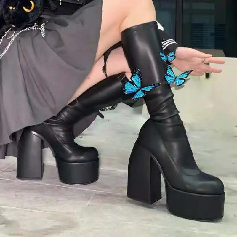 Platform Heel Boots – Knee High Boots – Black | KIMLUD