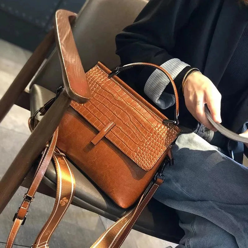 Genuine Leather Handbag Crocodile Print Double Shoulder Straps — Cognac | KIMLUD