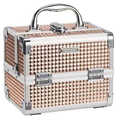 Fashionable Girls Cosmetic Case with Mirror for Artist 2 Trays Lockable Aluminum Makeup Train Case Travel Beauty Storage Case