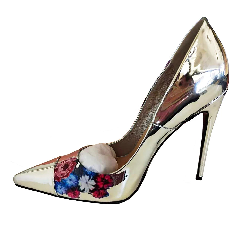 Patent Leather High Heels Pointed Toe With Intricate 3D Flower Motif — Silver | KIMLUD