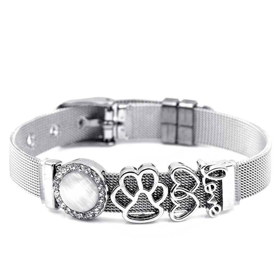 DINGLLY Two-tone Stainless Steel Mesh Bracelets For Women Men Love Heart Beaded 10mm Ribbon Mesh Bracelet & Bangle Gifts
