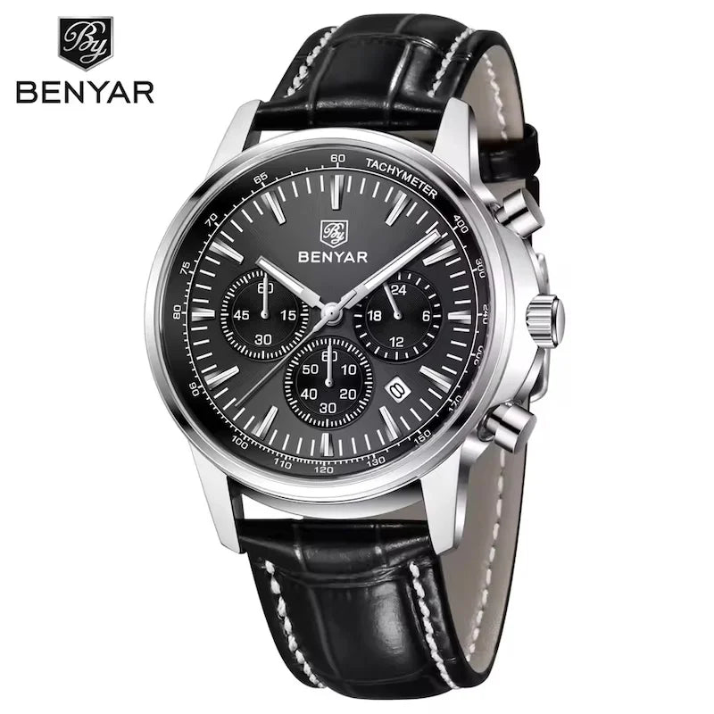 BENYAR 5213 New Men's Watches Top Brand Luxury Quartz Watch for Man Chronograph Wristwatches Clock Waterproof Leather Luminous