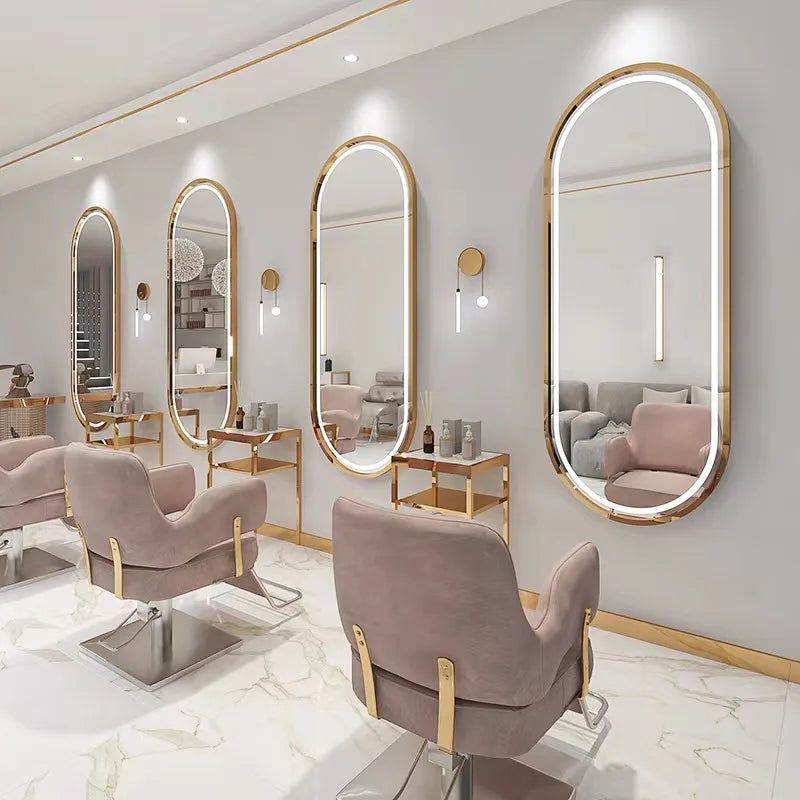 Chrome Mirror Station With Led Lighting Three Color Adjustable Barbershop Furniture — Silver | KIMLUD