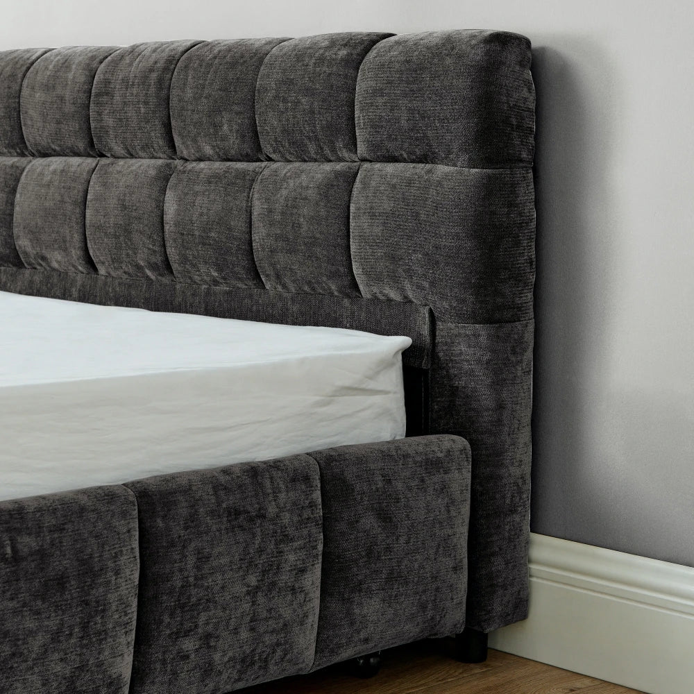 Chenille Upholstered Bed Frame King Size — Deep Charcoal Gray | KIMLUD