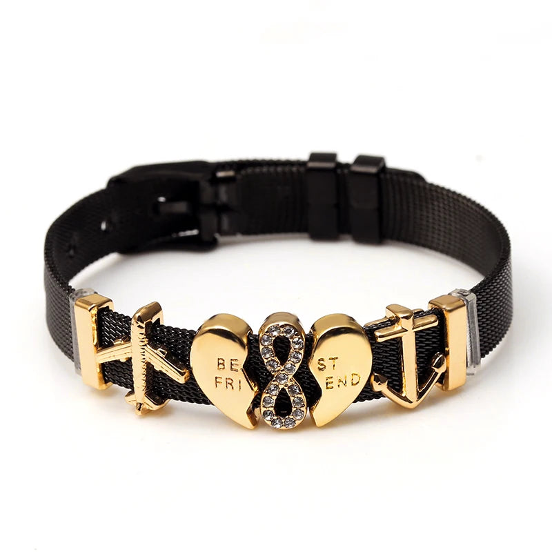 DINGLLY Two-tone Stainless Steel Mesh Bracelets For Women Men Love Heart Beaded 10mm Ribbon Mesh Bracelet & Bangle Gifts