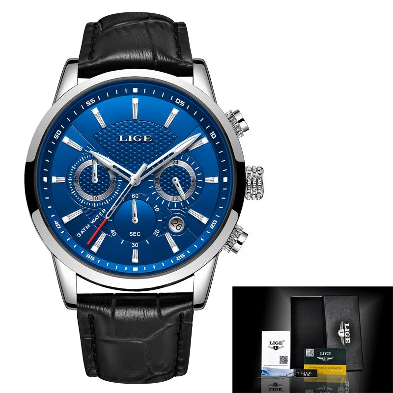 2025 New Mens Watches LIGE Top Brand Leather Chronograph Waterproof Sport Automatic Date Quartz Watch For Men Relogio Masculino