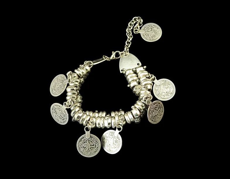 Bracelet – Bohemian Vintage Turkish Antalya Coin – Silver Plated – Silver | KIMLUD