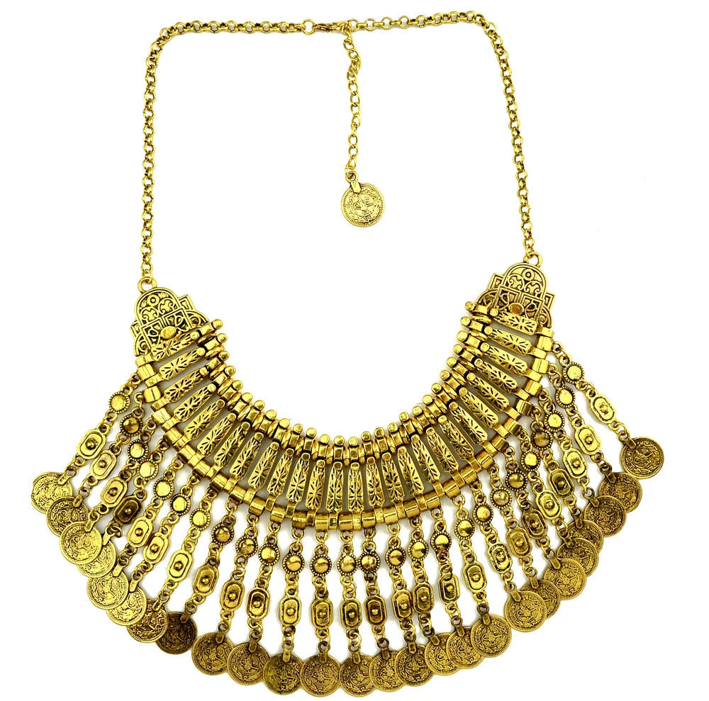 Afghan Bohemian Jewelry Set – Coin Tassel Necklace Earrings – Gold & Silver | KIMLUD