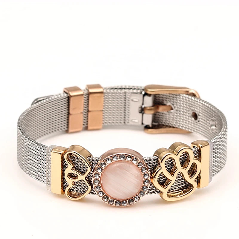 DINGLLY Two-tone Stainless Steel Mesh Bracelets For Women Men Love Heart Beaded 10mm Ribbon Mesh Bracelet & Bangle Gifts