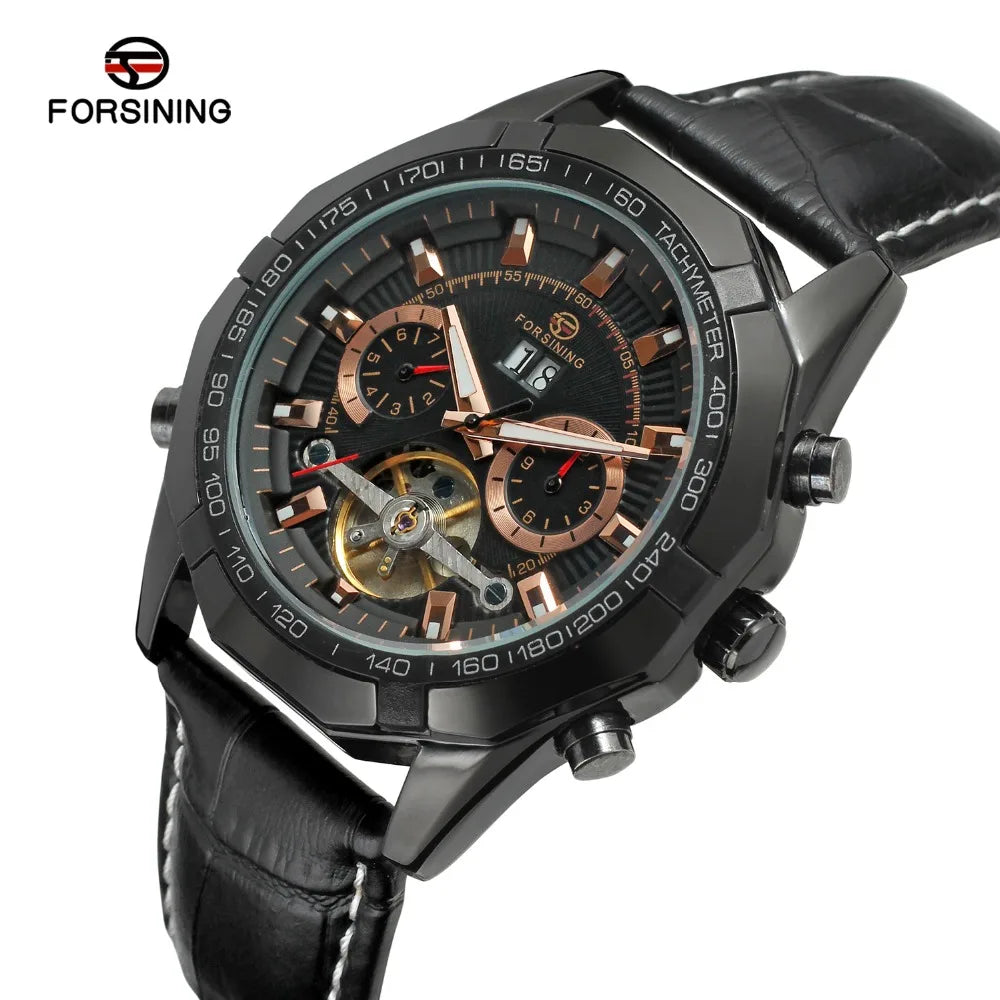Leather Mechanical Tourbillon Watch — Black | KIMLUD