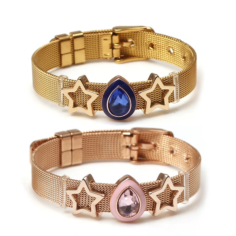 DINGLLY Two-tone Stainless Steel Mesh Bracelets For Women Men Love Heart Beaded 10mm Ribbon Mesh Bracelet & Bangle Gifts