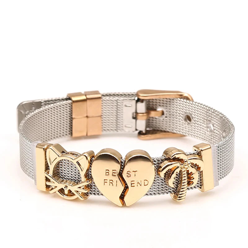 DINGLLY Two-tone Stainless Steel Mesh Bracelets For Women Men Love Heart Beaded 10mm Ribbon Mesh Bracelet & Bangle Gifts