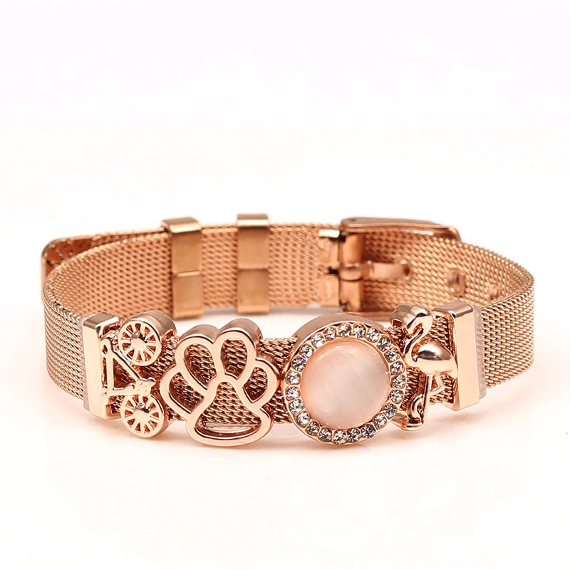 DINGLLY Two-tone Stainless Steel Mesh Bracelets For Women Men Love Heart Beaded 10mm Ribbon Mesh Bracelet & Bangle Gifts