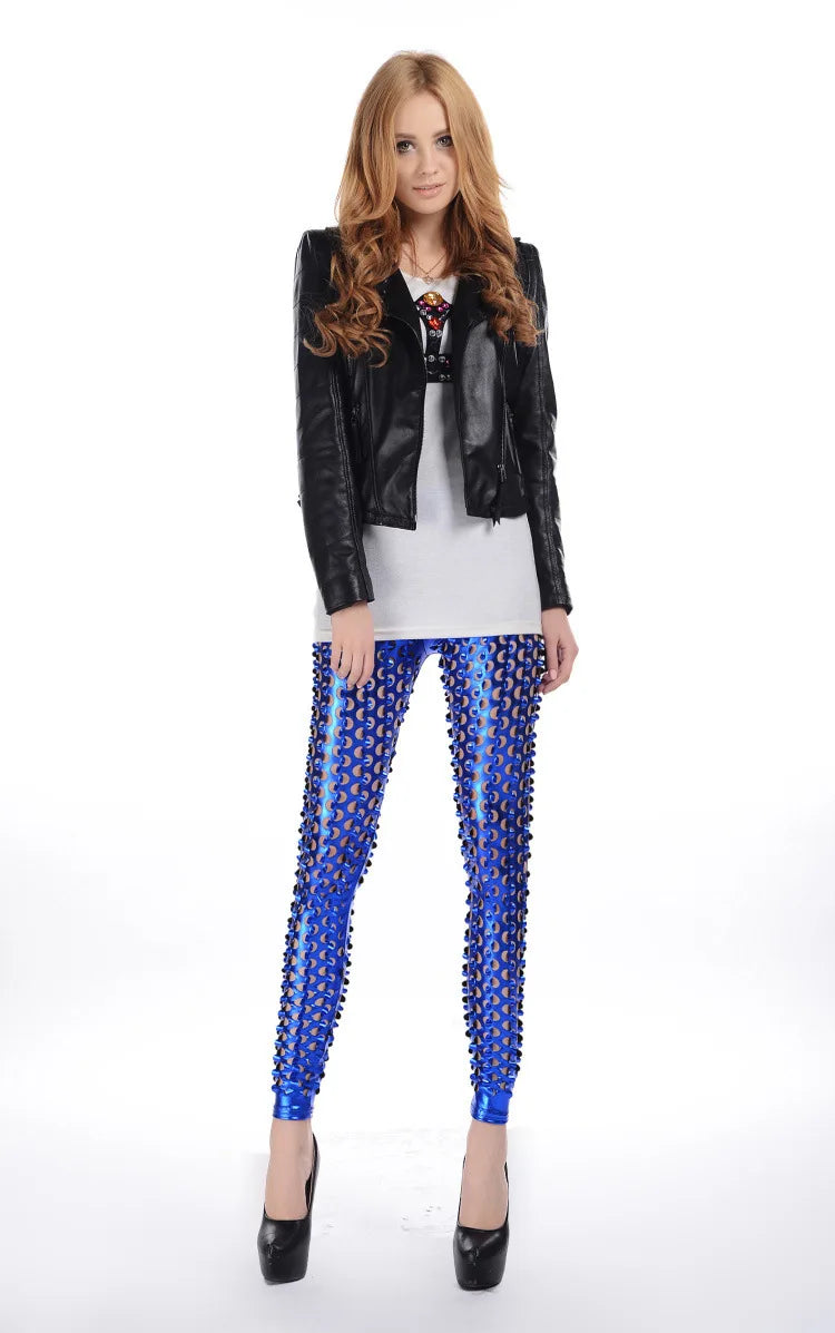 The European Style Hollow Out  High Waist  Imitation PU Leather Leggings  Women Hot Sexy Slim  Leggins For Spring Summer