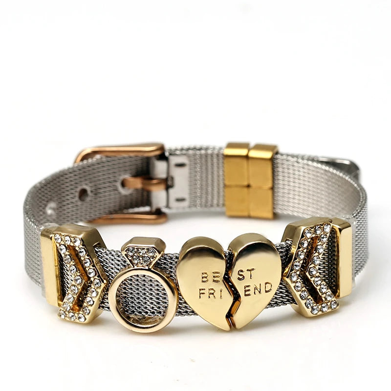 DINGLLY Two-tone Stainless Steel Mesh Bracelets For Women Men Love Heart Beaded 10mm Ribbon Mesh Bracelet & Bangle Gifts