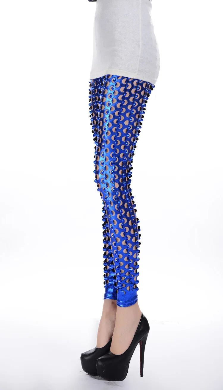 The European Style Hollow Out  High Waist  Imitation PU Leather Leggings  Women Hot Sexy Slim  Leggins For Spring Summer