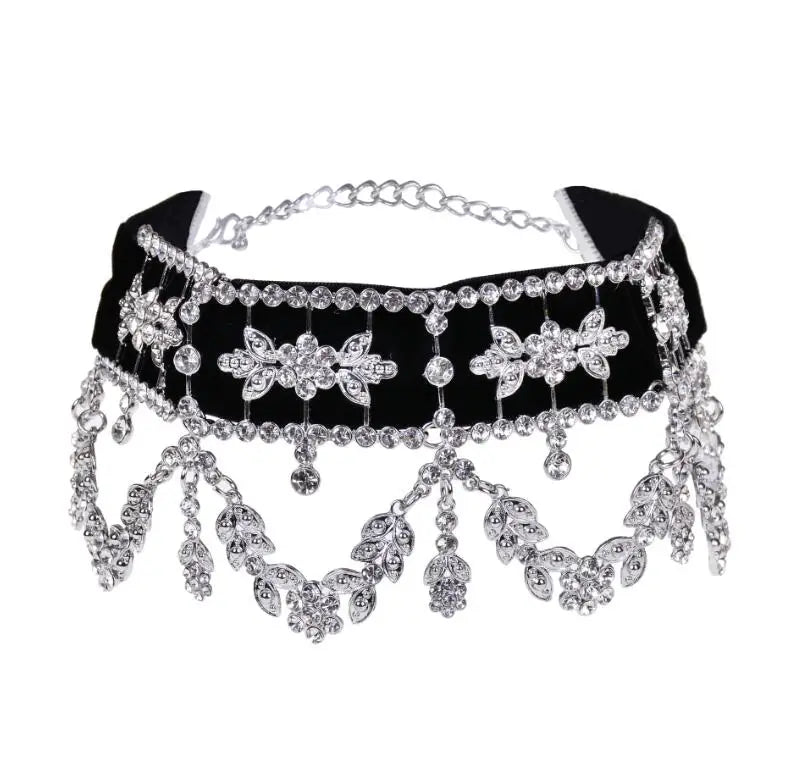 Big Maxi Statement Necklace Rhinestone Flower Ribbon Collar — Crystal | KIMLUD