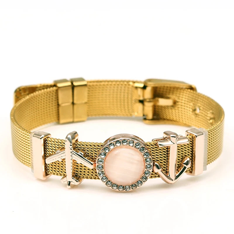 DINGLLY Two-tone Stainless Steel Mesh Bracelets For Women Men Love Heart Beaded 10mm Ribbon Mesh Bracelet & Bangle Gifts