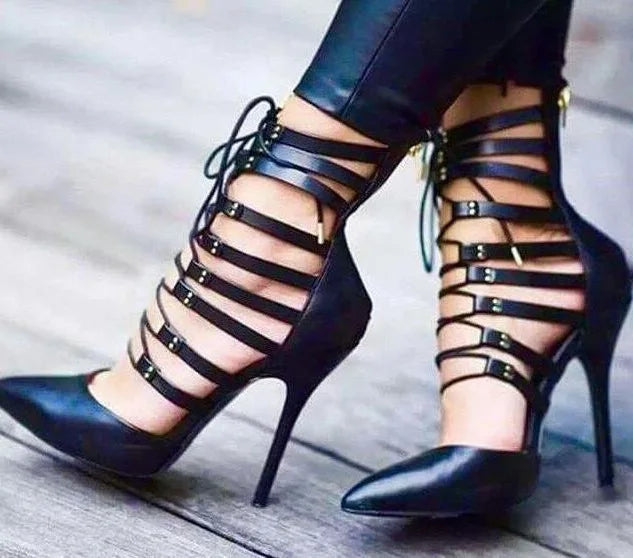 Strappy Sandals – Pointed Toe Cut-out Lace-up Straps – Bonded Leather Heels | KIMLUD