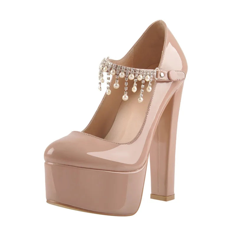 Pumps – Mary Jane Platform – Round Heel Ankle Strap – Red Nude | KIMLUD