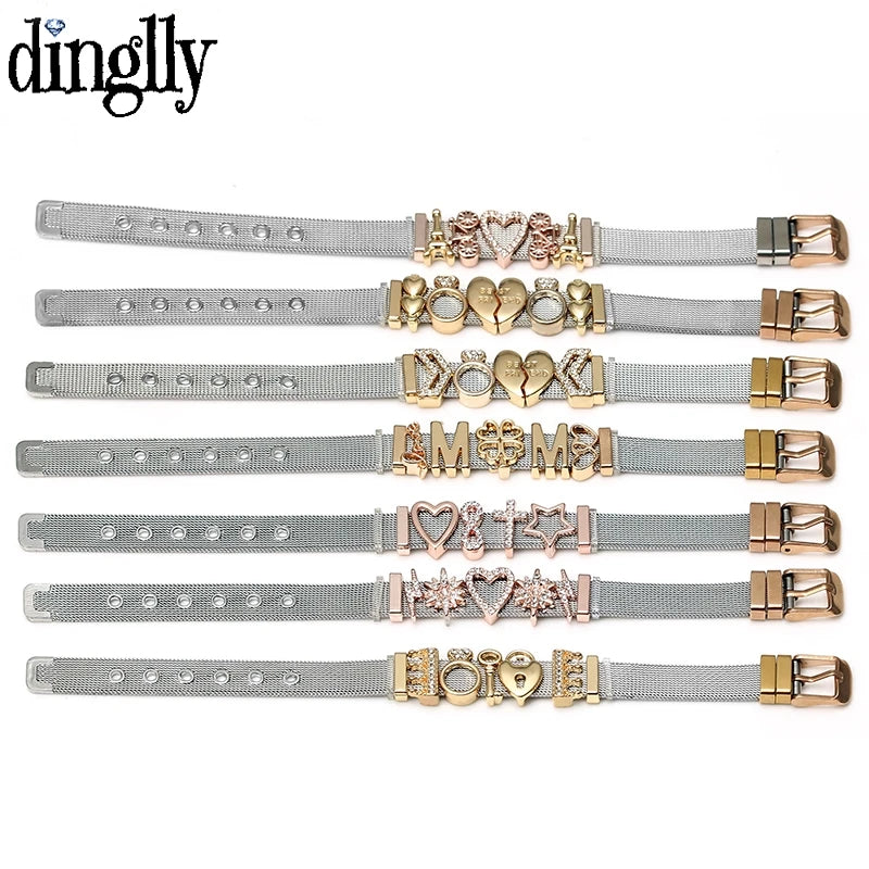 DINGLLY Two-tone Stainless Steel Mesh Bracelets For Women Men Love Heart Beaded 10mm Ribbon Mesh Bracelet & Bangle Gifts