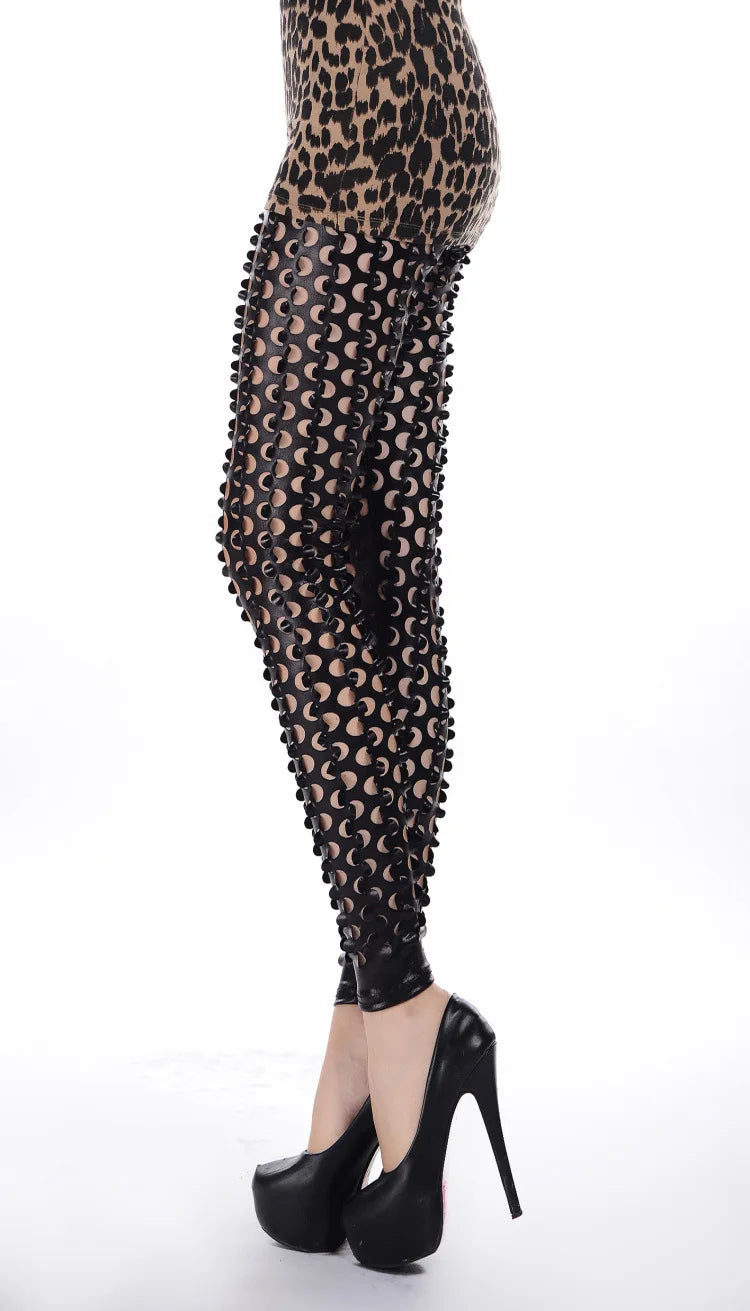 The European Style Hollow Out  High Waist  Imitation PU Leather Leggings  Women Hot Sexy Slim  Leggins For Spring Summer