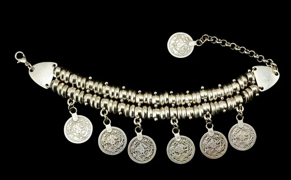 Bracelet – Bohemian Vintage Turkish Antalya Coin – Silver Plated – Silver | KIMLUD
