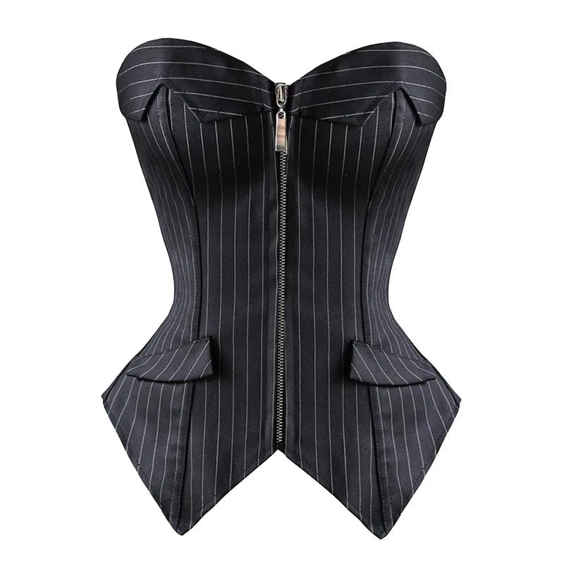 Corset Overbust Elastane-Polyester Blend Zip — Black Striped | KIMLUD