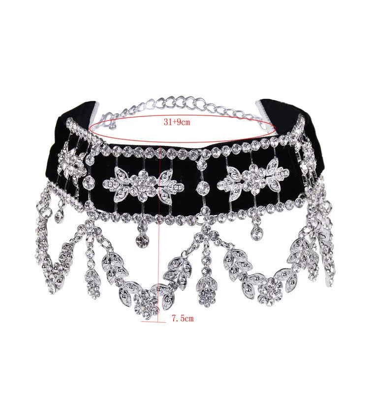 Big Maxi Statement Necklace Rhinestone Flower Ribbon Collar — Crystal | KIMLUD