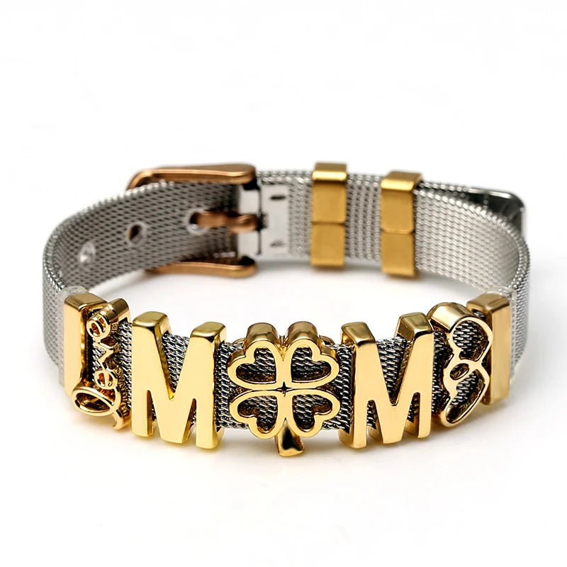 DINGLLY Two-tone Stainless Steel Mesh Bracelets For Women Men Love Heart Beaded 10mm Ribbon Mesh Bracelet & Bangle Gifts