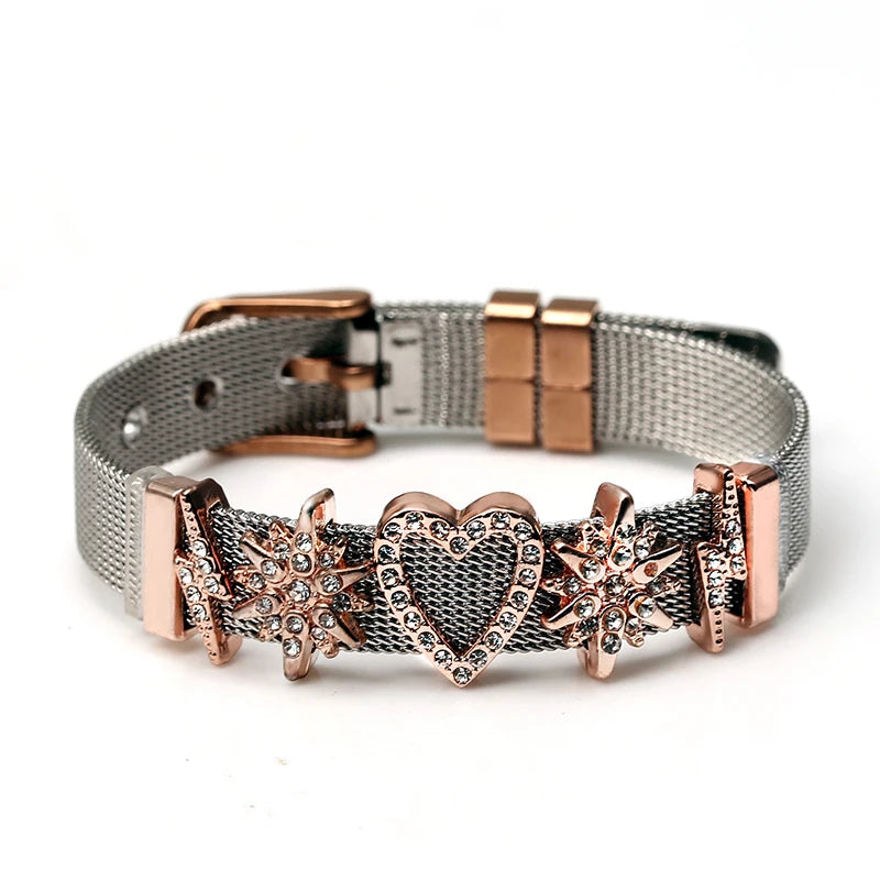 DINGLLY Two-tone Stainless Steel Mesh Bracelets For Women Men Love Heart Beaded 10mm Ribbon Mesh Bracelet & Bangle Gifts