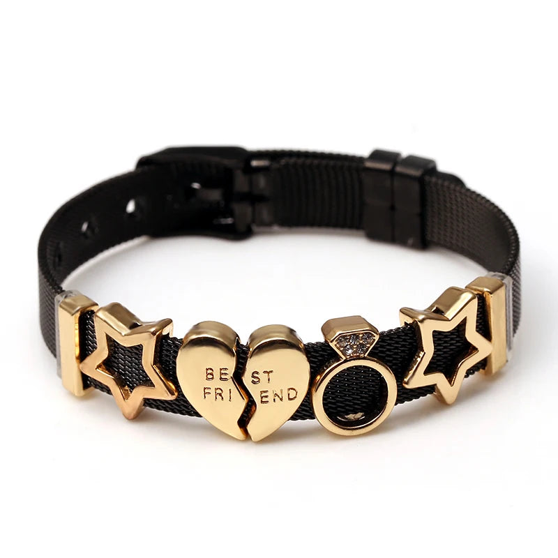 DINGLLY Two-tone Stainless Steel Mesh Bracelets For Women Men Love Heart Beaded 10mm Ribbon Mesh Bracelet & Bangle Gifts