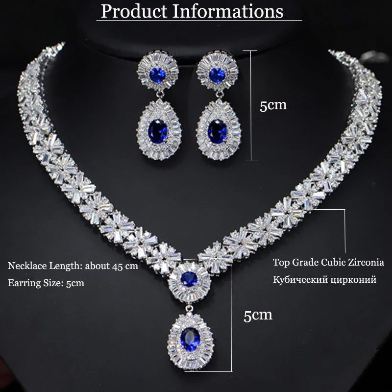 ThreeGraces Luxurious Blue Cubic Zirconia Stone Silver Color Large Bridal Wedding Earrings Necklace Jewelry Set for Women TZ775