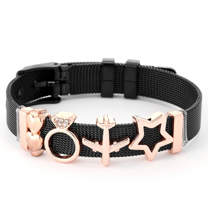 DINGLLY Two-tone Stainless Steel Mesh Bracelets For Women Men Love Heart Beaded 10mm Ribbon Mesh Bracelet & Bangle Gifts