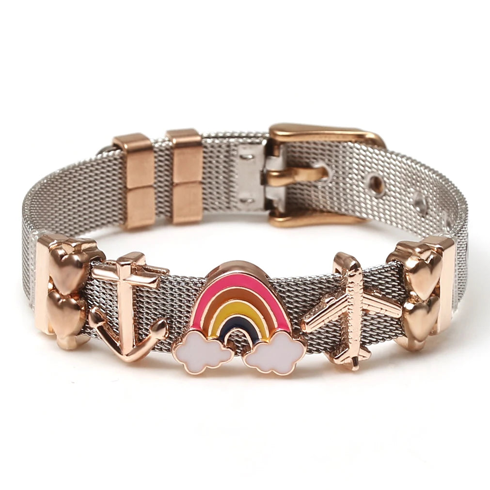 DINGLLY Two-tone Stainless Steel Mesh Bracelets For Women Men Love Heart Beaded 10mm Ribbon Mesh Bracelet & Bangle Gifts