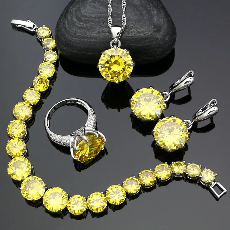 925 Sterling Silver Bridal Jewelry Sets For Women Yellow Cubic Zirconia Earrings Pendant Ring Bracelet Necklace Set