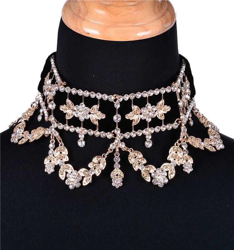 Big Maxi Statement Necklace Rhinestone Flower Ribbon Collar — Crystal | KIMLUD