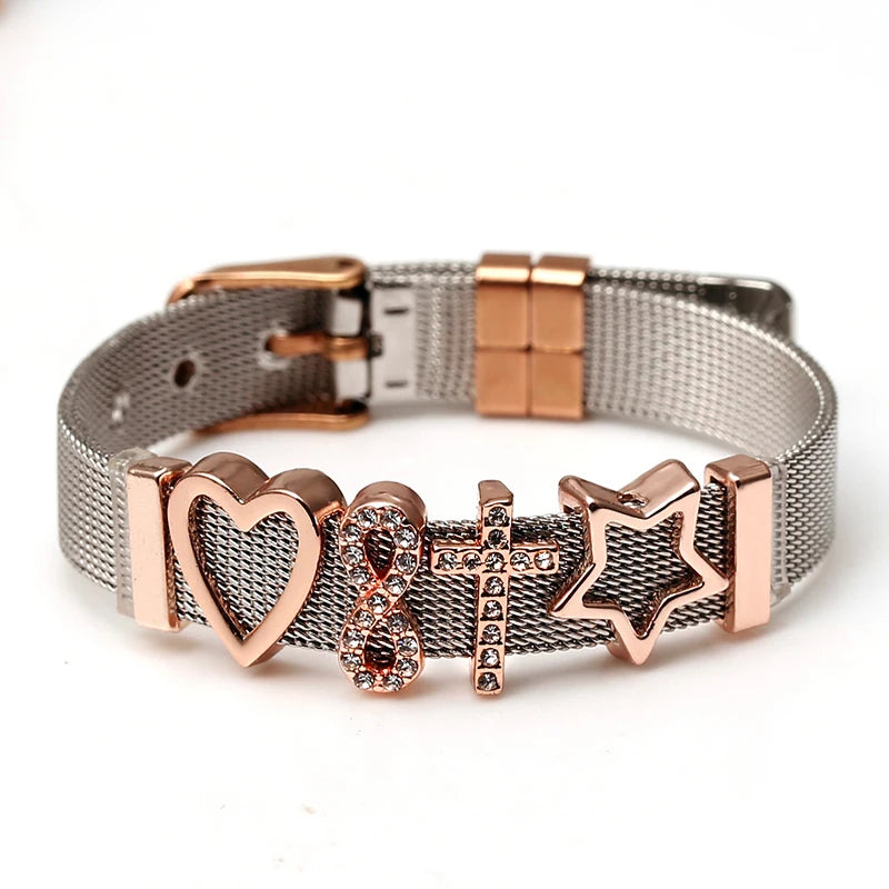 DINGLLY Two-tone Stainless Steel Mesh Bracelets For Women Men Love Heart Beaded 10mm Ribbon Mesh Bracelet & Bangle Gifts