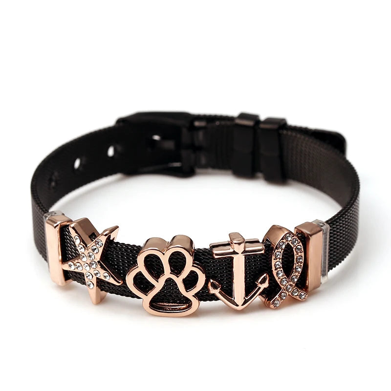 DINGLLY Two-tone Stainless Steel Mesh Bracelets For Women Men Love Heart Beaded 10mm Ribbon Mesh Bracelet & Bangle Gifts