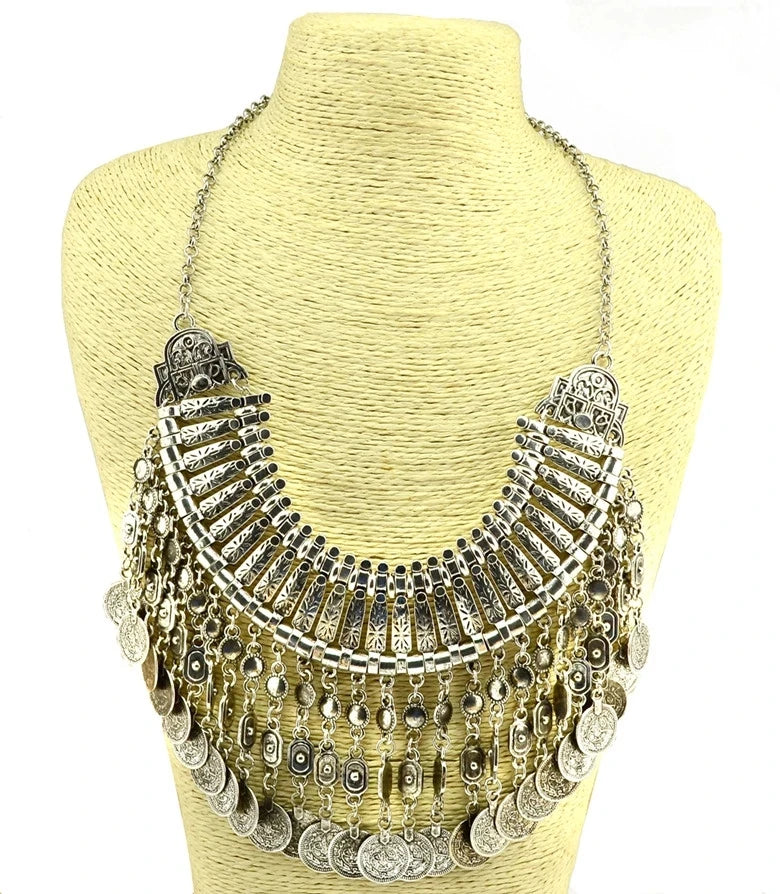Afghan Bohemian Jewelry Set – Coin Tassel Necklace Earrings – Gold & Silver | KIMLUD