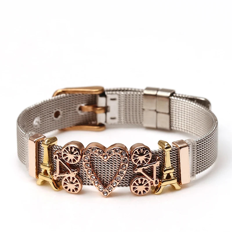 DINGLLY Two-tone Stainless Steel Mesh Bracelets For Women Men Love Heart Beaded 10mm Ribbon Mesh Bracelet & Bangle Gifts