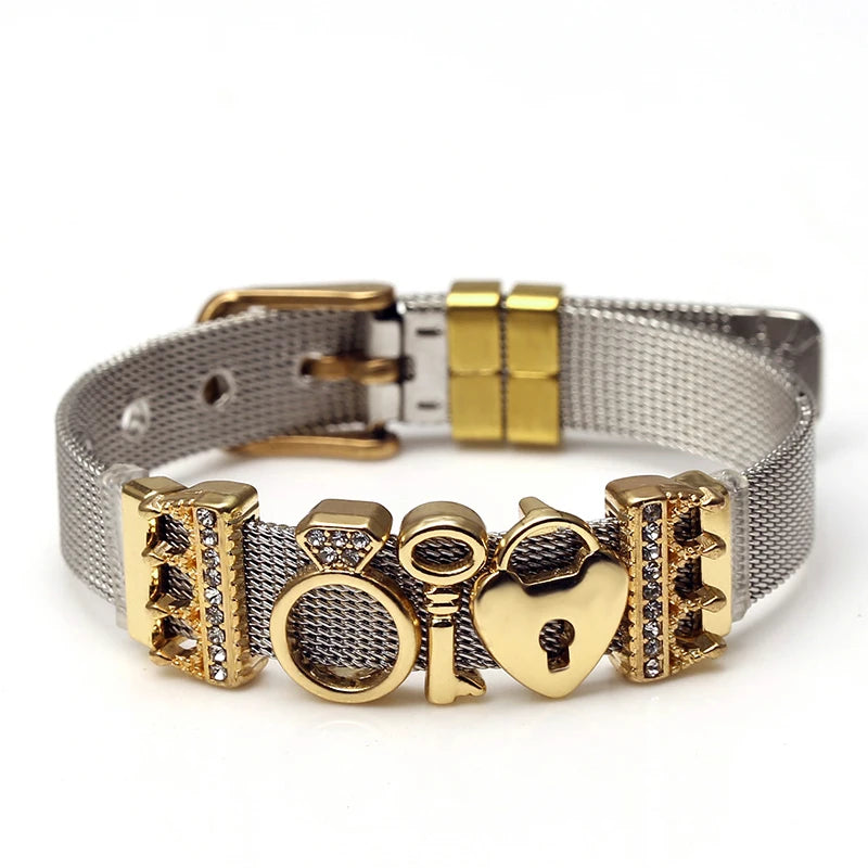 DINGLLY Two-tone Stainless Steel Mesh Bracelets For Women Men Love Heart Beaded 10mm Ribbon Mesh Bracelet & Bangle Gifts