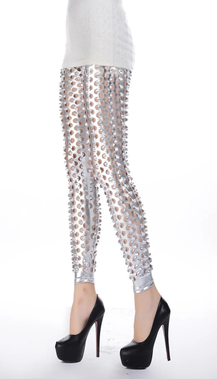 The European Style Hollow Out  High Waist  Imitation PU Leather Leggings  Women Hot Sexy Slim  Leggins For Spring Summer